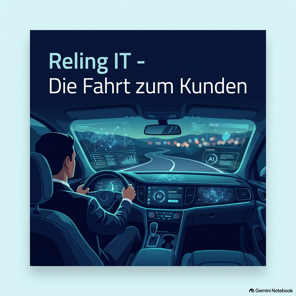 Podcast-Cover Reling IT – Die Fahrt zum Kunden: Blick aus einem digital erweiterten Fahrzeug auf eine nächtliche Straße