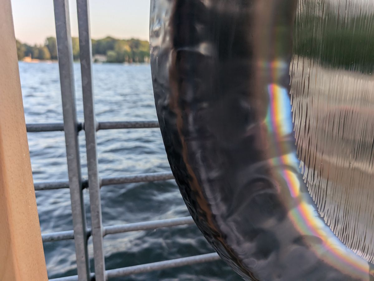 Ein Gong am See, im Hintergrund Wasser und Ufer.